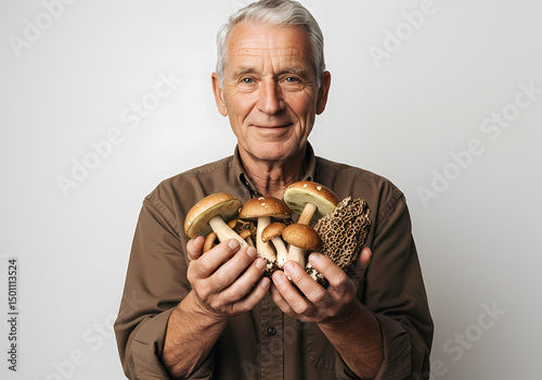 Senior Man Holding Assorted Mushrooms  Fungi Harvest isolated on transparent background