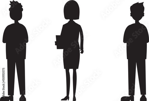 Business people silhouettes working, talking, standing, and walking on isolated white background.