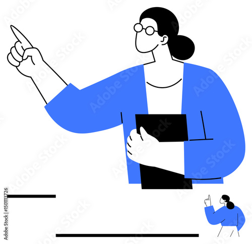 Woman wearing glasses raising hand as if making a point, holding a notebook. Ideal for education, leadership, teaching, motivation, mentoring, training communication. Flat simple metaphor