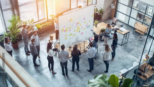 Professional team collaborating, using colorful sticky notes on whiteboard while brainstorming strategic ideas in modern, bright workspace during collaborative planning session