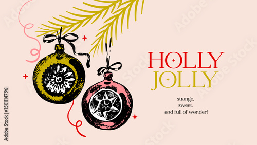 Christmas tree branch with balls, bows, sparkles, festive mood. Retro holiday design card. Hand drawn sketch vector illustration