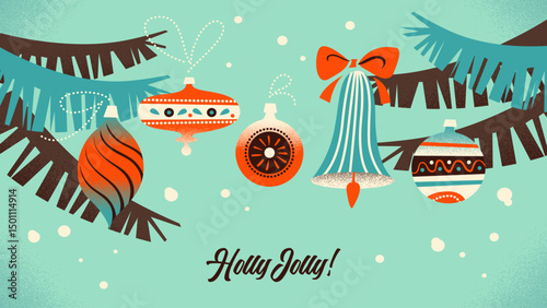Christmas tree branch with balls, bows, snow, festive mood. Retro holiday design card. Hand drawn vector illustration