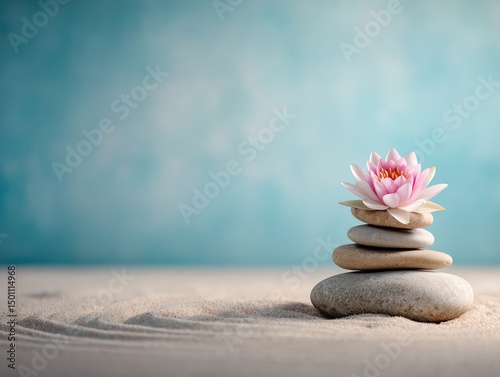 A pink lotus flower rests on a balanced stack of smooth stones in sand, evoking tranquility and calm against a soft blue background