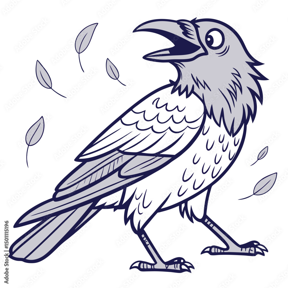 Fototapeta premium Cartoon raven standing and cawing with falling leaves around it creates a dynamic scene