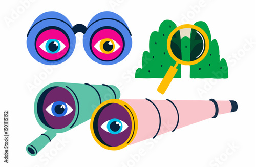 Colorful Illustration: Eyes, Binoculars, Telescope, Magnifying Glass
