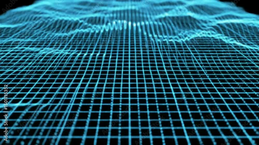 A dynamic blue grid pattern creating an abstract wave effect.