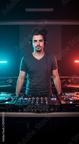 Photo Of A Man DJ Wearing Headphones At Night Playing Music In A Studio