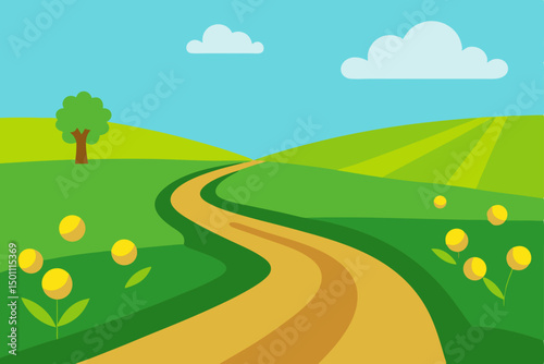 scenic spring countryside with meandering dirt 