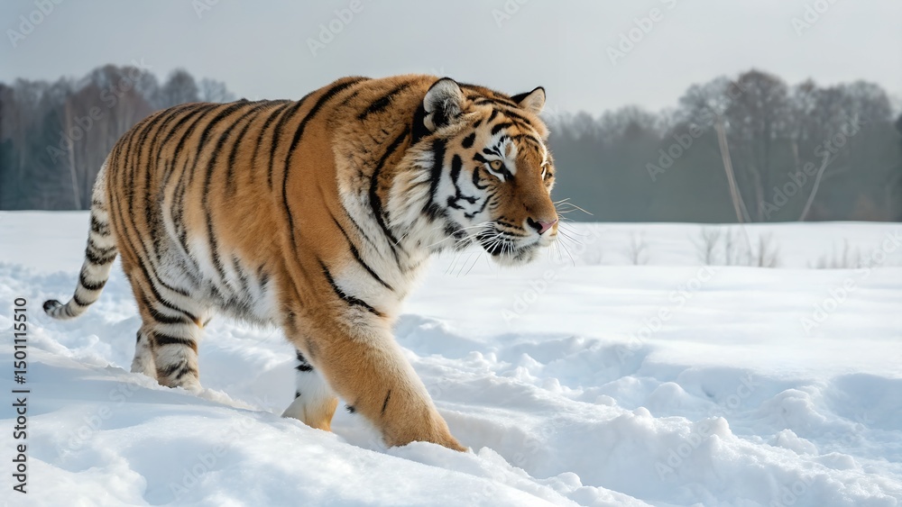 Obraz premium Siberian tiger gracefully traverses a snowy landscape with visible breath Generative AI