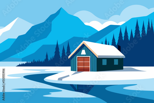 snow covered boathouse on a frozen lake in the can 