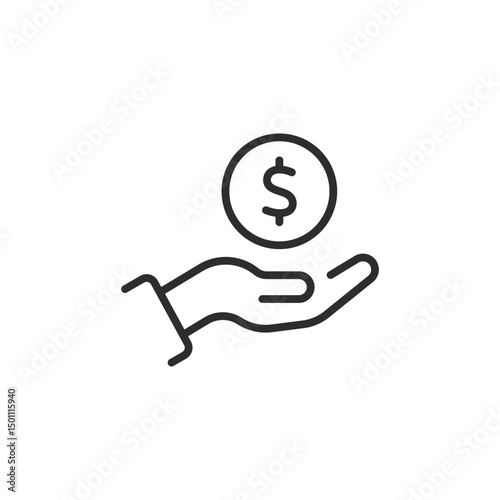 A simple and minimalist line art icon displays an elegant hand gripping a dollar coin, effectively representing finance, money exchange, and various payment transactions important in our economy