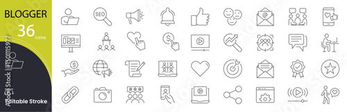 Blogger related icons set. Including writing, content, post, laptop, idea, comment, publish, follower, and media. Editable stroke. outline icons.