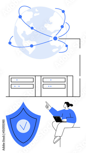 Globe with connection nodes, secure shield with checkmark, data servers, and a person with a laptop. Ideal for network security, data sharing, online protection, global access, cloud systems