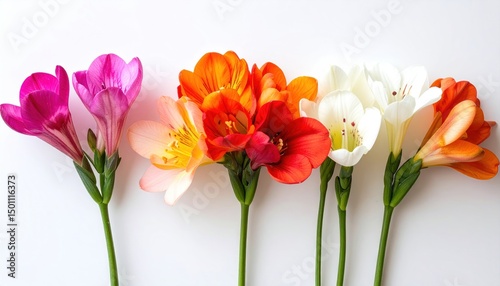 Wallpaper Mural Vivid array of freesia blooms, various bright colors against a clean, white backdrop Torontodigital.ca