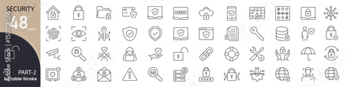 Security related icons set. Including lock, shield, password, firewall, protection, privacy, encryption, and access. Editable stroke. outline icons.