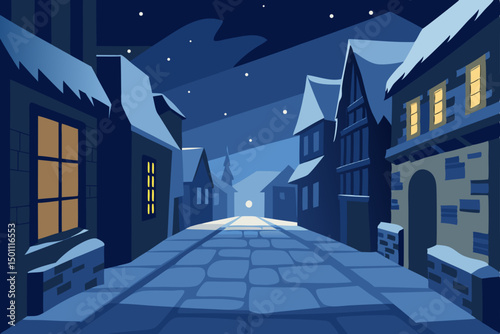 snowy cobblestone alleyway in a medieval village
