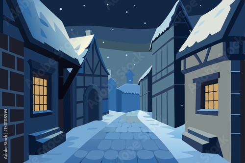snowy cobblestone alleyway in a medieval village 