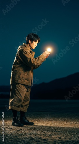 Photo of a Man Holding a Glowing Light Outdoors at Night