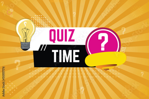 Quiz time text and emblem for business, marketing and advertising. Bulb and question mark in white on Pink and Orange Sunburst Pattern Background isolated vector illustration
