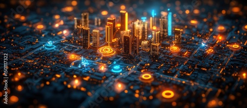Futuristic city with glowing network