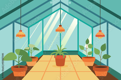 springtime greenhouse interior with potted plants  