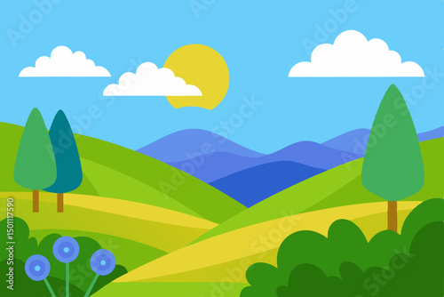 springtime valley with fields of bluebells  sunny