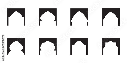 Islamic vector shape of a window or door arch. Set of Islamic shape window frame in flat style, vector illustration. Mosque gate. Arabian muslim shape arch.