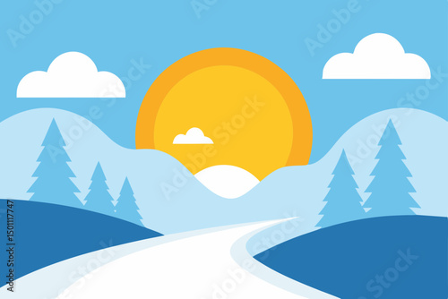 sun peeking through a snowy valley with frost 