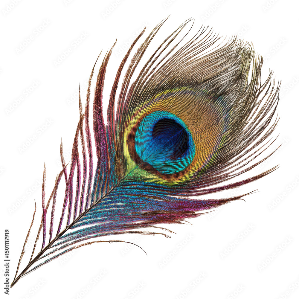 Obraz premium Iridescent peacock feather isolated on transparent PNG background