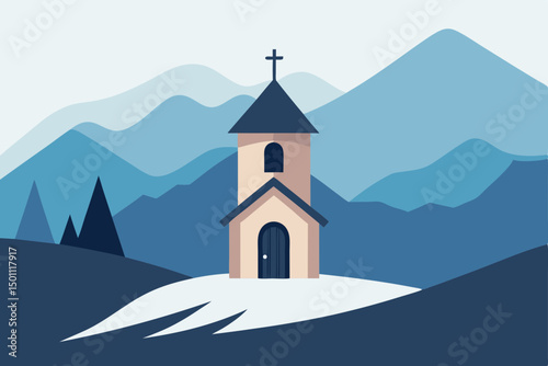 tiny chapel in a snowy valley with mountain 