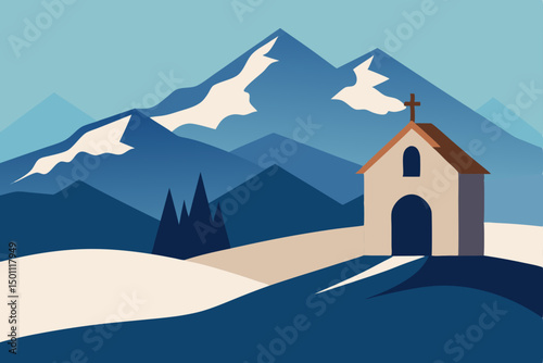 tiny chapel in a snowy valley with mountain 