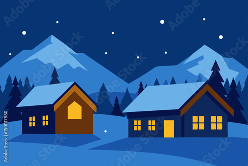 traditional wooden cabins glowing warmly under 