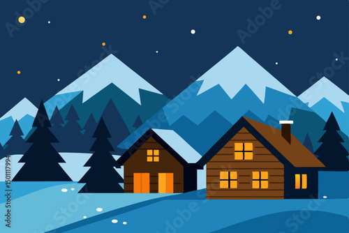 traditional wooden cabins glowing warmly under sno.svg