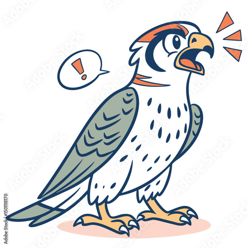 Cartoon falcon loudly exclaims with exclamation bubble, using triangle speech shapes on a white backdrop