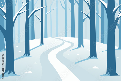 winter woods with tree trunks frosted white 