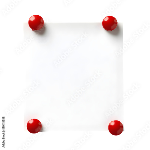 Blank white paper held by red magnets isolate on white background