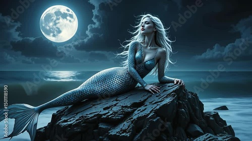 Silver-haired mermaid sits on rock under full moonlight beside ocean waves with fantasy glow. Concept of mythical marine beauty