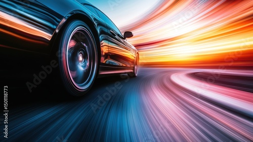 Fast black car driving sunset highway, motion blur, speed