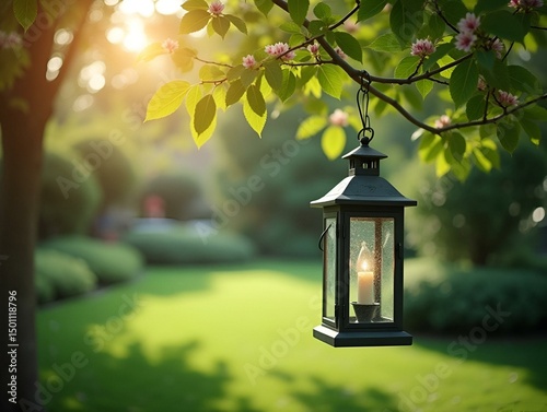 The photo shows a beautiful garden with a lantern hanging from a tree photo