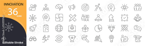 Innovation related icons set. Including idea, lightbulb, tech, research, creativity, invention, and progress. Editable stroke. outline icons.