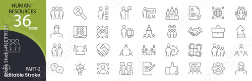 Human resources related icons set. Including employee, hiring, resume, management, interview, training, and team. Editable stroke. outline icons