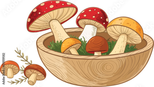 Rustic Wooden Bowl with Mushrooms White Background Vector Design