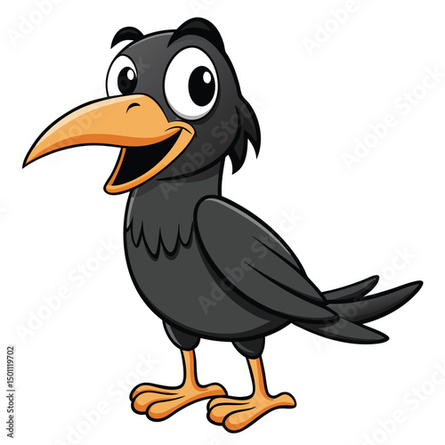Friendly cartoon crow smiling with orange beak and feet stands happily in place