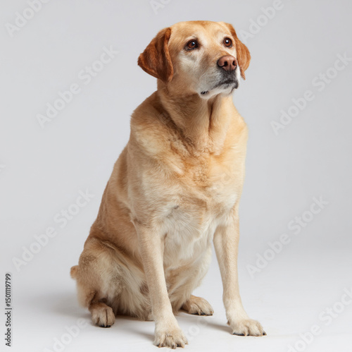 golden labrador retriever sitting upright, facing mostly forward with a slight turn to the left, short golden fur, soft natural lighting, calm expression, clean studio background photo