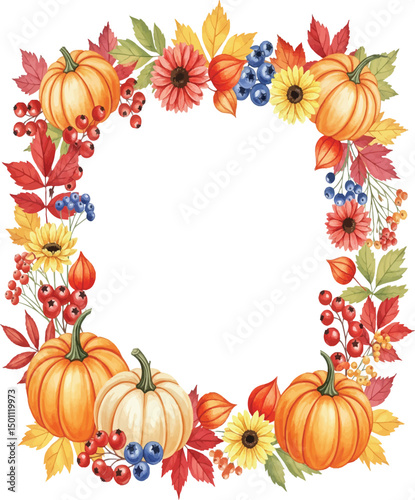 Watercolor Autumn Wreath with Pumpkins, Flowers, and Berries
