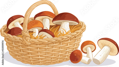 Rustic Mushroom Harvest in Wicker Basket White Background