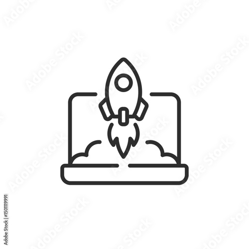 A minimalistic startup icon that depicts a sleek rocket launching from a laptop. This icon is ideal for symbolizing concepts such as innovation, growth, and the dynamic nature of tech startups