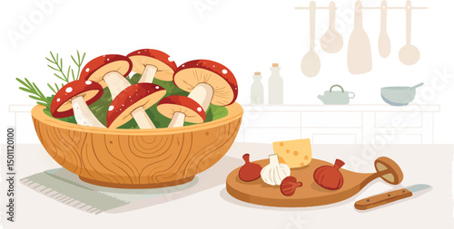 Delicious Mushrooms in Rustic Wooden Bowl Kitchen Vector Illustration