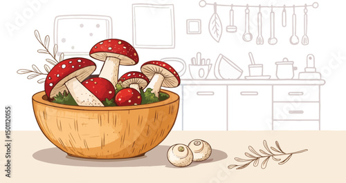 Fresh Mushrooms in Rustic Wooden Bowl Kitchen Vector Illustration