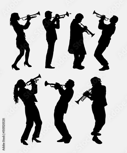 Trumpet Ensemble: A captivating ensemble of musicians in silhouette, each lost in the melodic moment, expertly playing their trumpets. Capturing the harmony, rhythm.